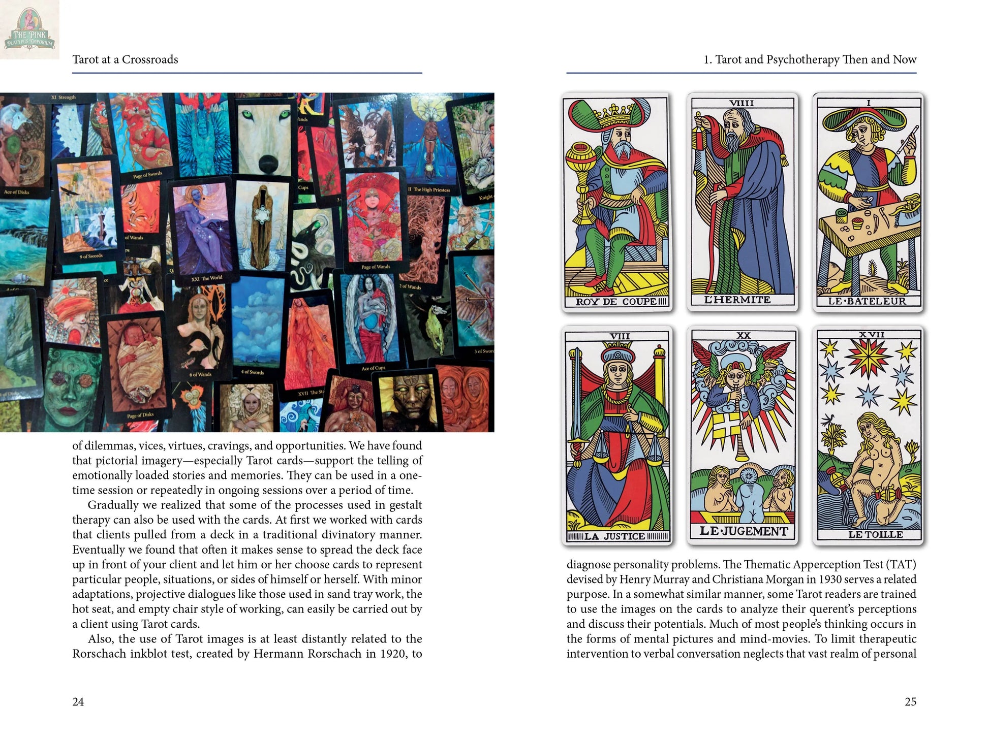 On the left, a collage of vibrant tarot cards; on the right, six classic French-labeled cards and text from REDFeather’s "Tarot at a Crossroads," which bridges tarot readings with therapeutic exploration.