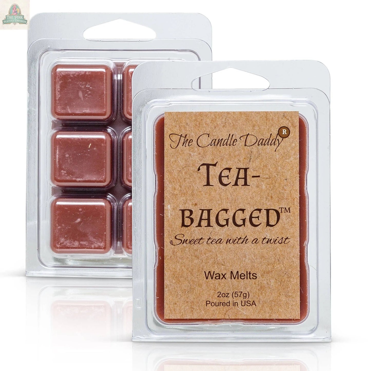 Two packs of Tea-Bagged - Sweet Tea With A Twist Scented Melt- Maximum in plastic clamshells. The brown front label displays the product name, while the back reveals the scented wax cubes inside.