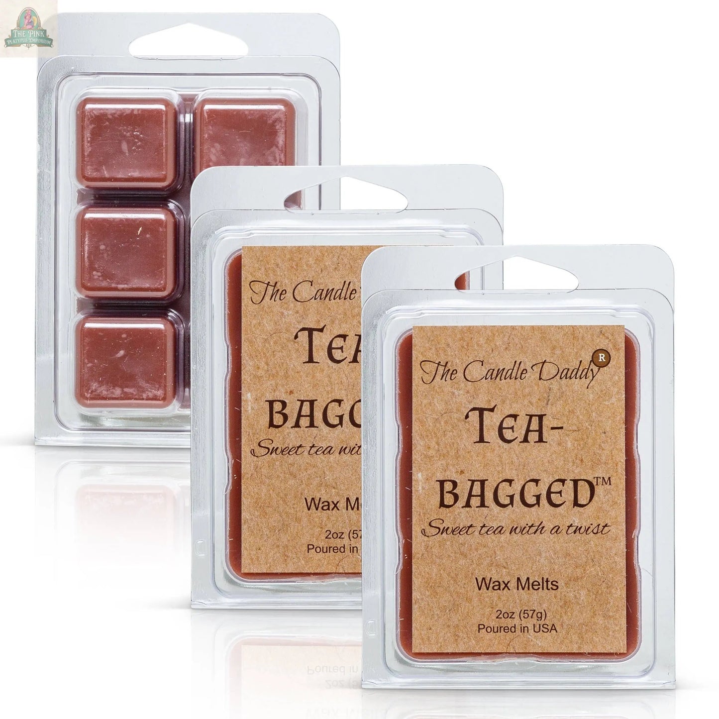 Three clamshell packages of Tea-Bagged - Sweet Tea With A Twist Scented Melt- Maximum wax melts are shown: two stacked in front and one displayed in the back. All are by The Candle Daddy.