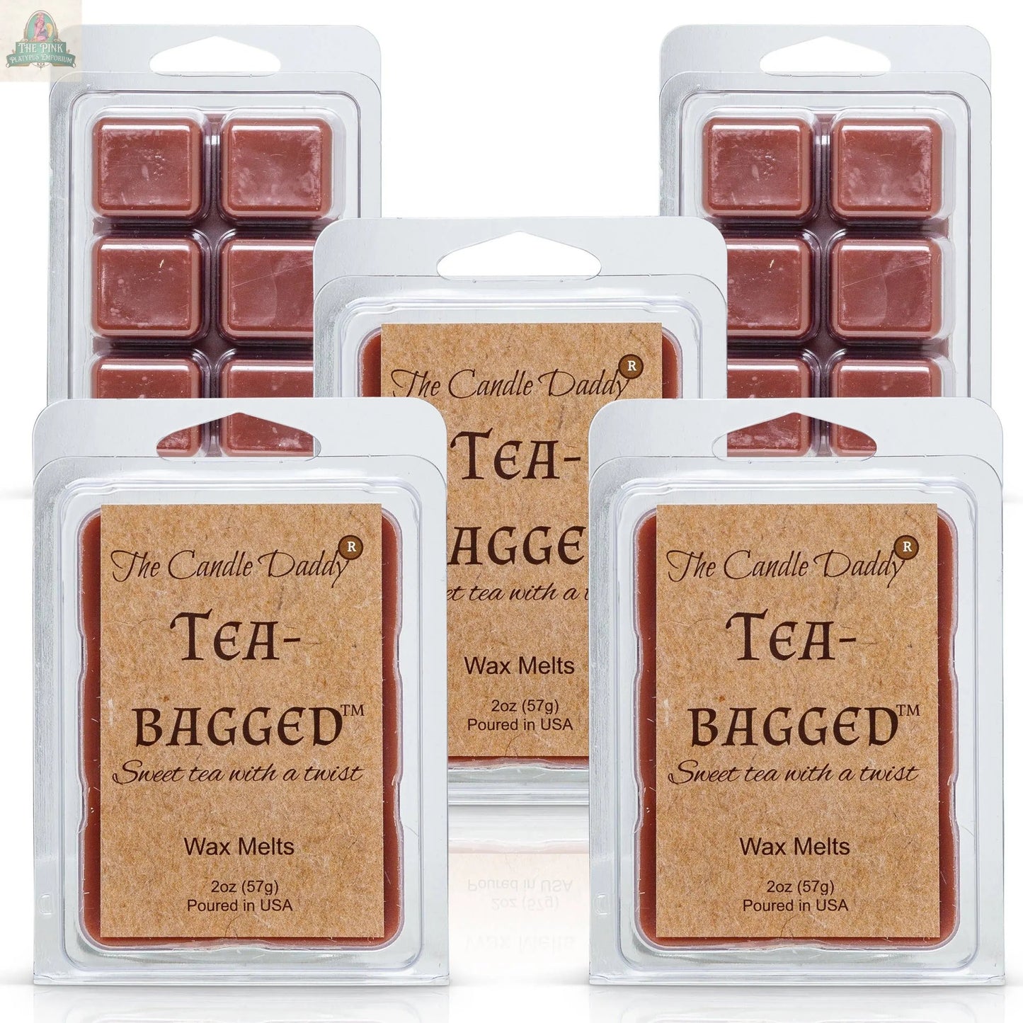 Five packages of Tea-Bagged - Sweet Tea With A Twist Scented Melt - Maximum are shown, each with reddish-brown wax cubes in clear plastic packaging and brown labels reading “Sweet tea with a twist.”.