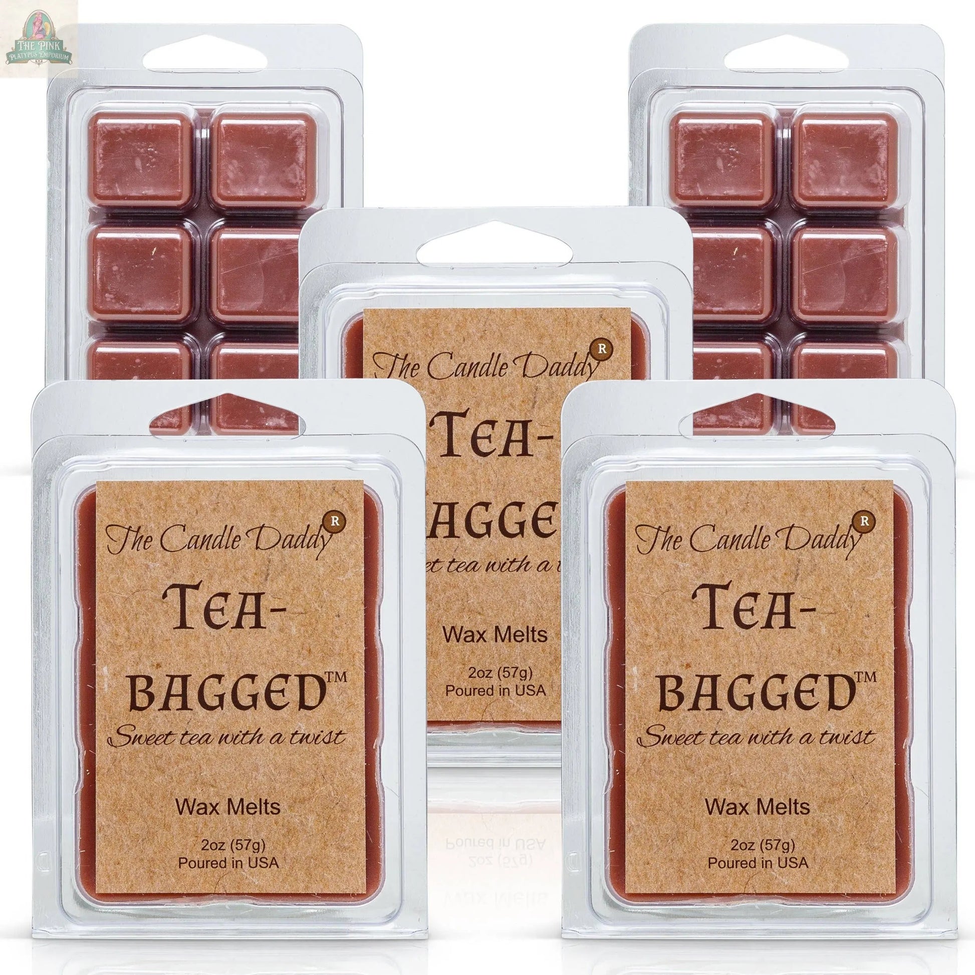 Five packages of Tea-Bagged - Sweet Tea With A Twist Scented Melt - Maximum are shown, each with reddish-brown wax cubes in clear plastic packaging and brown labels reading “Sweet tea with a twist.”.