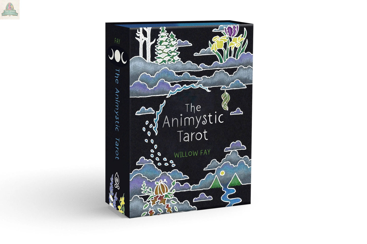 The Animystic Tarot Deck Box Set by REDFeather features mystical, colorful illustrations of trees, flowers, clouds, and cosmic elements on a black background—ideal for exploring nature magic.