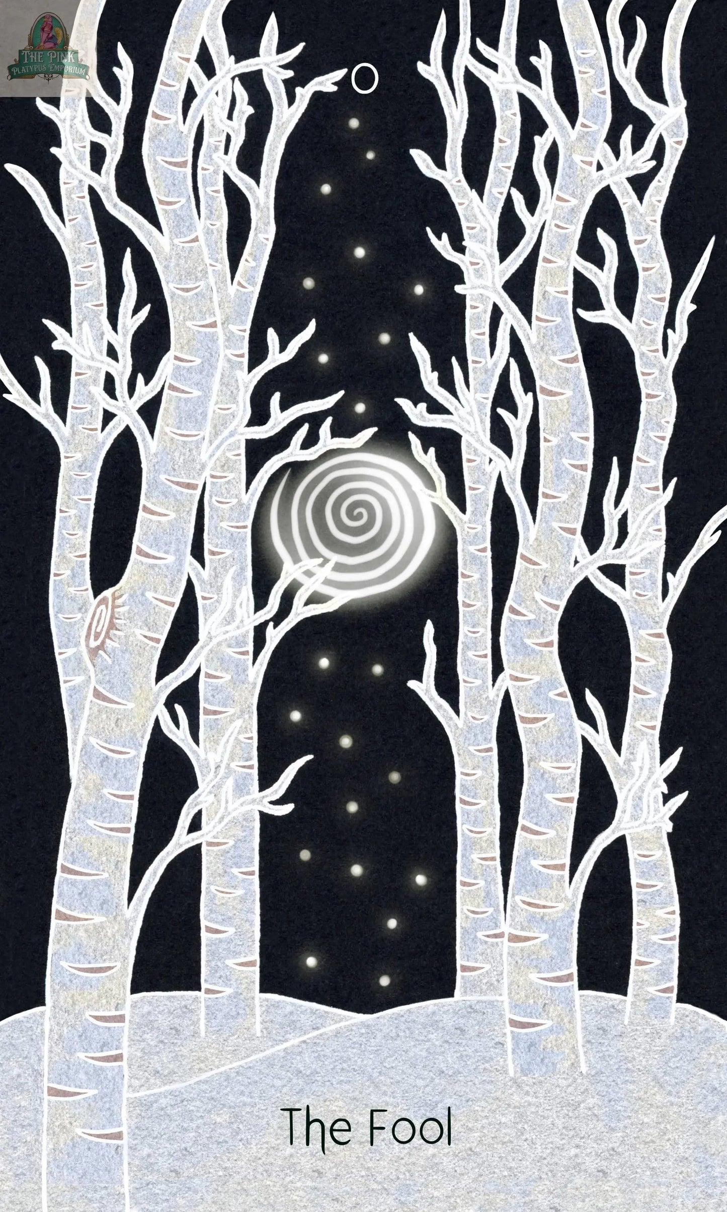 The Animystic Tarot Deck Box Set by REDFeather features The Fool card, depicting white, leafless trees in a snowy night forest beneath glowing sky spirals and dots, evoking magical nature and a dreamy, mystical vibe.