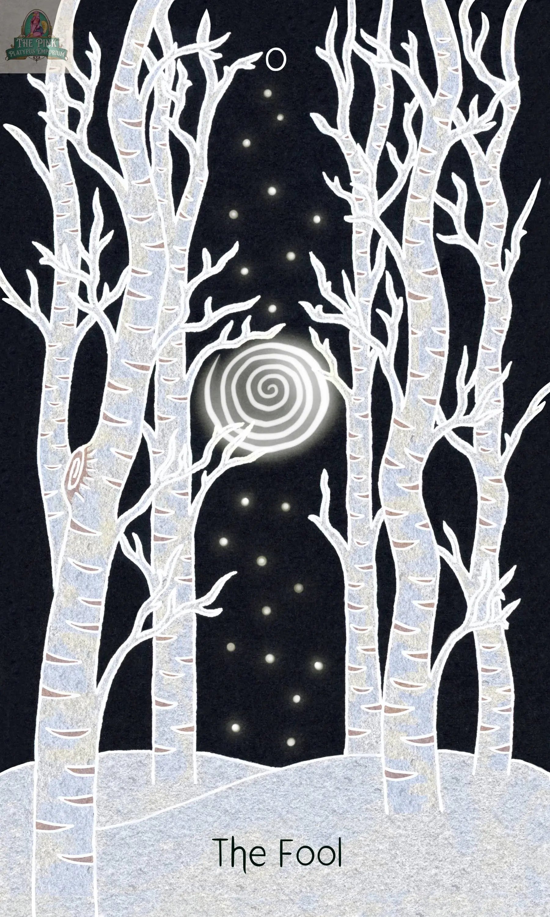 The Animystic Tarot Deck Box Set by REDFeather features The Fool card, depicting white, leafless trees in a snowy night forest beneath glowing sky spirals and dots, evoking magical nature and a dreamy, mystical vibe.