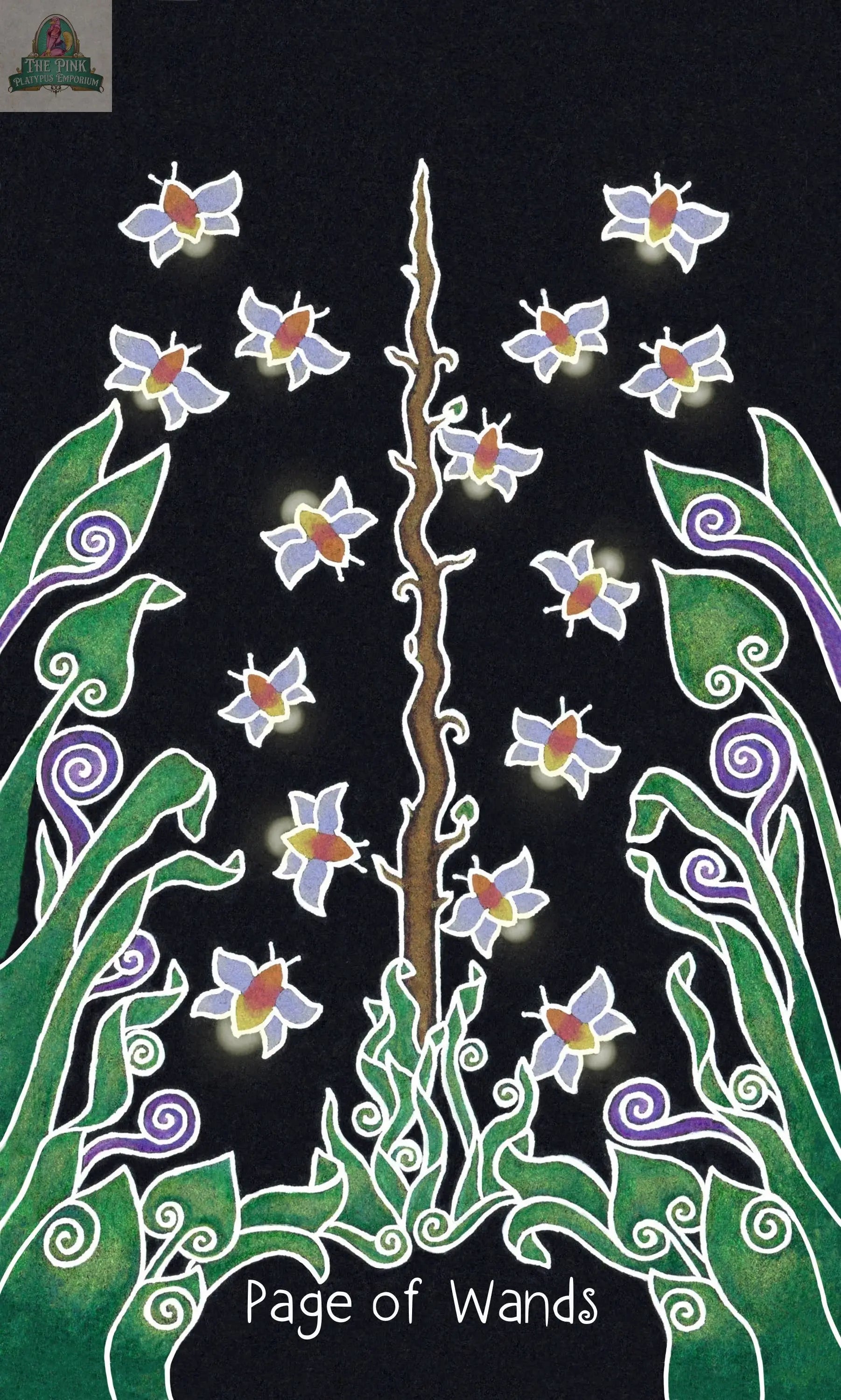 The Animystic Tarot Deck Box Set by REDFeather features the Page of Wands card, depicting a tall central wand amid glowing white flowers, green leaves, and purple swirls on a black background, evoking magical nature themes.