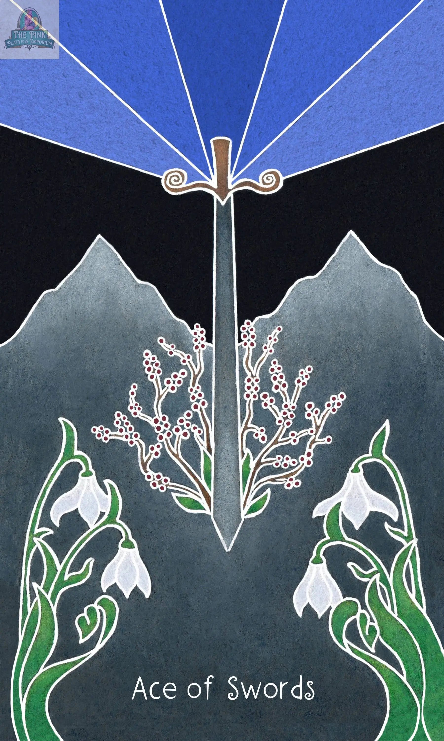 An upright sword stands between two mountains, with white flowers and foliage at its base as blue rays shine above. "Ace of Swords" appears at the bottom in The Animystic Tarot Deck Box Set by REDFeather.