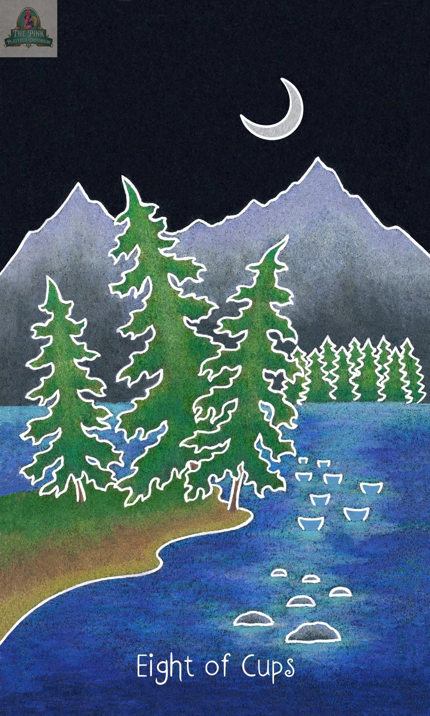 A crescent moon shines over mountains, pine trees, and a lake on the Eight of Cups card from The Animystic Tarot Deck Box Set by REDFeather. Eight cups are grouped on the shore in this nature-magic inspired scene.
