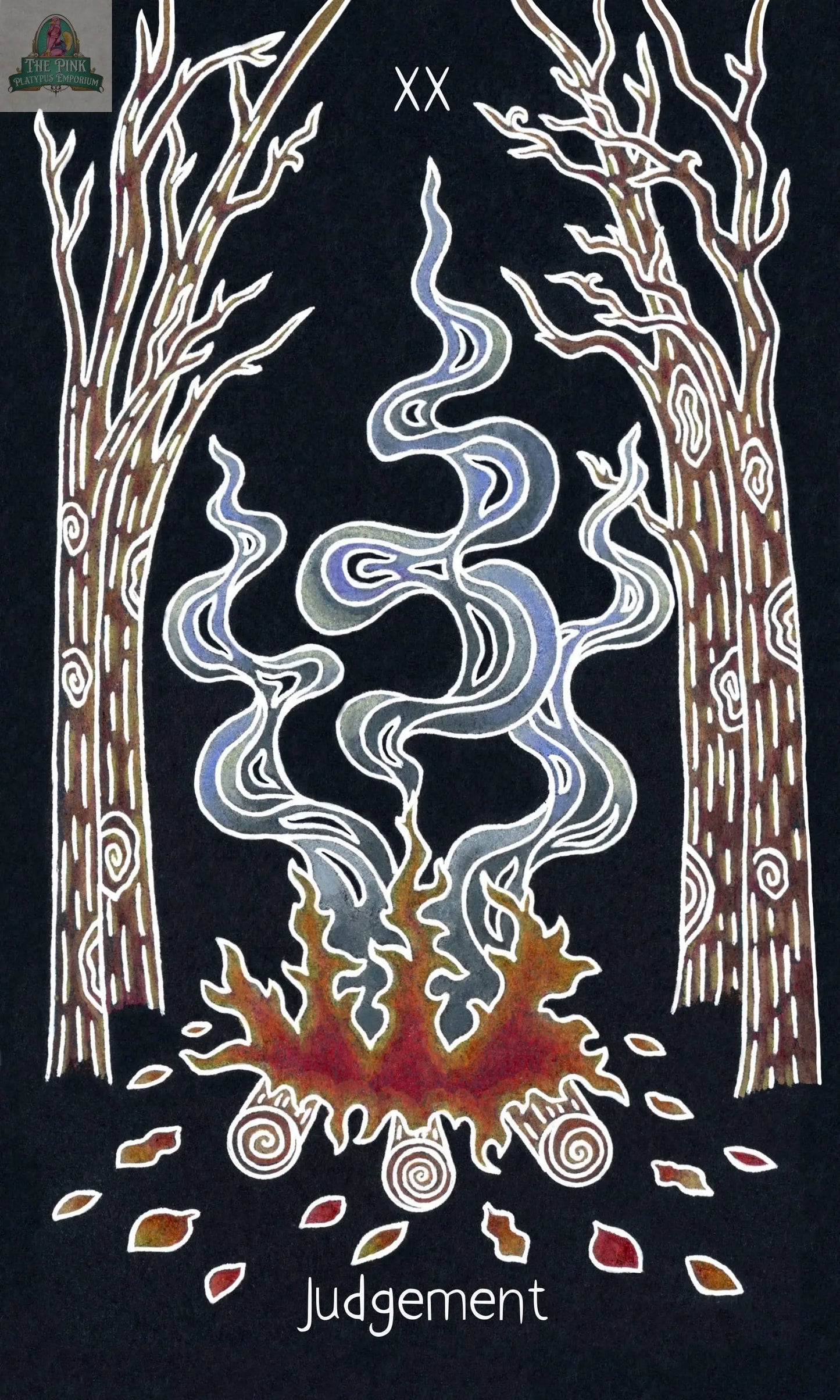 A campfire between trees with swirling smoke and colorful leaves illustrates the XX Judgement card from The Animystic Tarot Deck Box Set by REDFeather, set against a black background evoking nature’s magic.