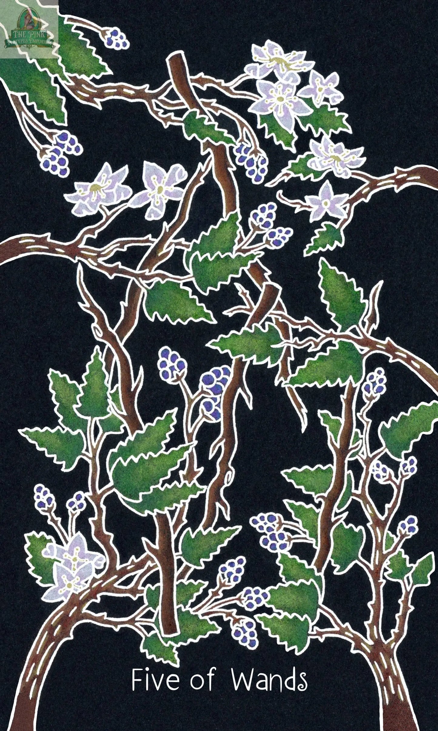 A stylized illustration from the REDFeather Animystic Tarot Deck Box Set shows five intertwined brown wands with green leaves, white flowers, and blue berries on black; text reads "Five of Wands," evoking nature magic.
