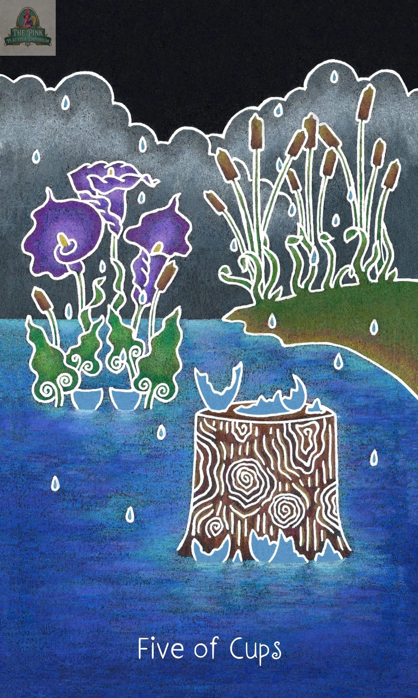 A vibrant card from The Animystic Tarot Deck Box Set by REDFeather features a tree stump in swirling water, purple flowers, and reeds under a rainy sky. Labeled “Five of Cups,” it captures nature’s magic and wonder.