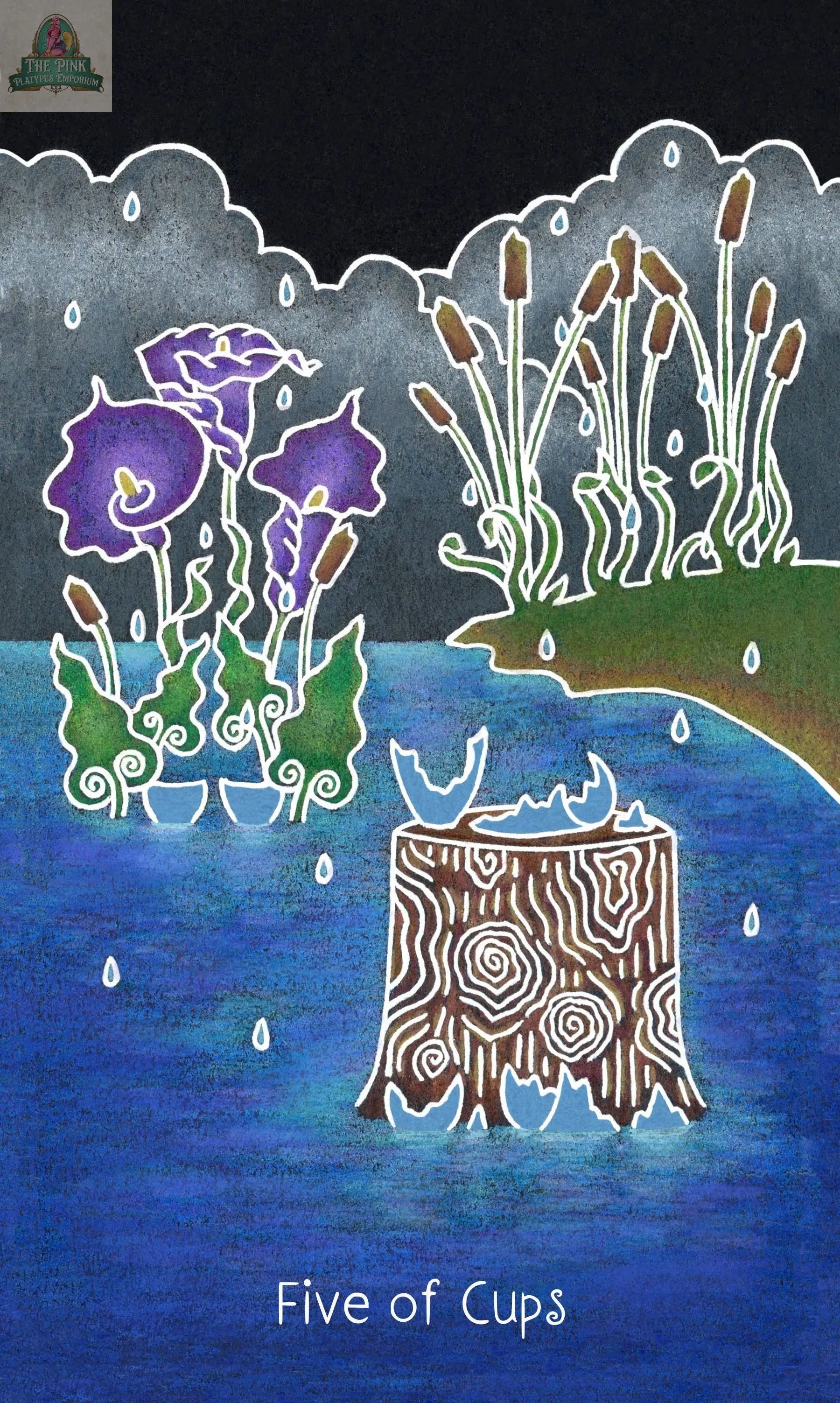 A vibrant card from The Animystic Tarot Deck Box Set by REDFeather features a tree stump in swirling water, purple flowers, and reeds under a rainy sky. Labeled “Five of Cups,” it captures nature’s magic and wonder.