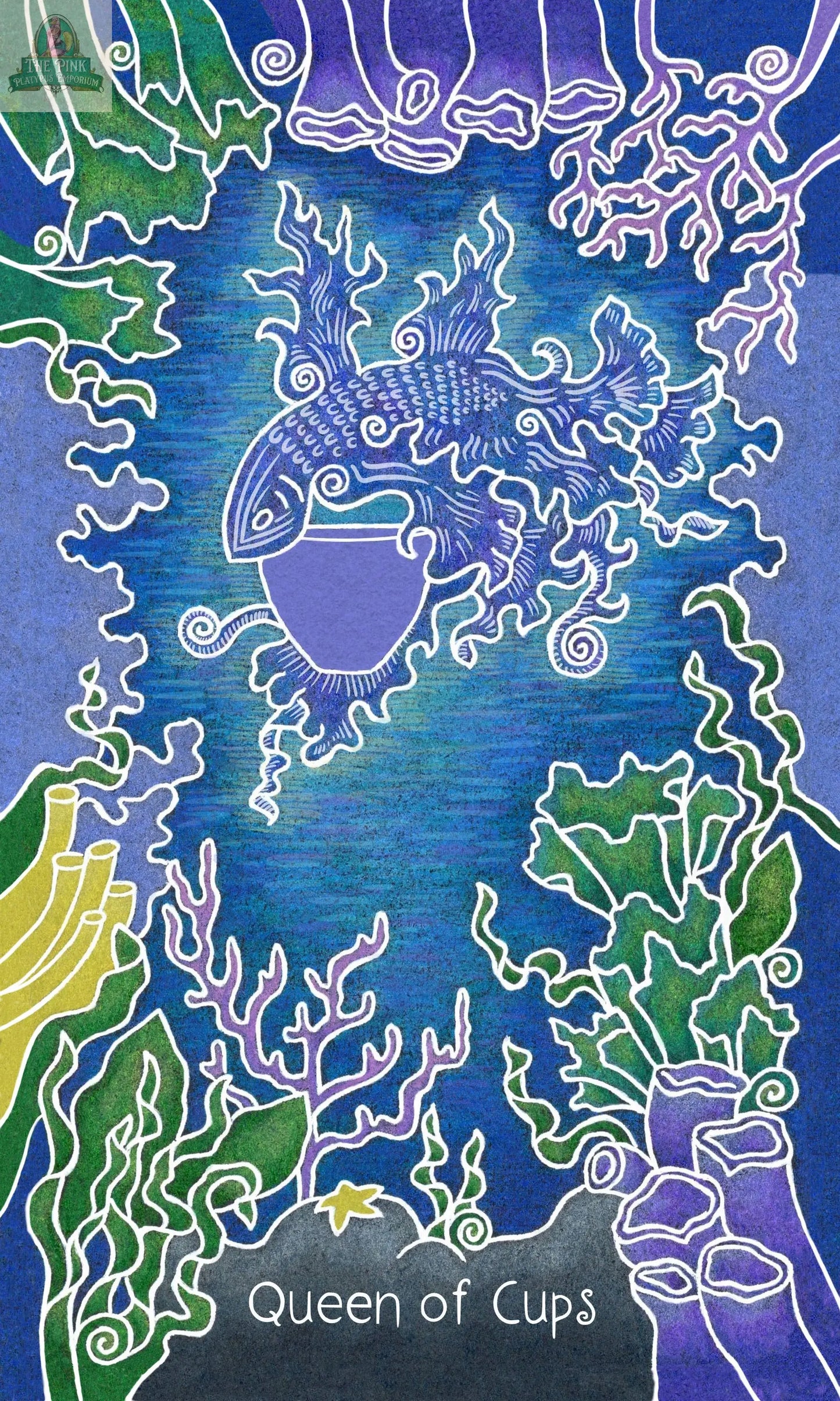 A fish glides in a cup, capturing nature's magic and the mysteries of the Animystic Tarot, as revealed in The Animystic Tarot Deck Box Set by REDFeather.