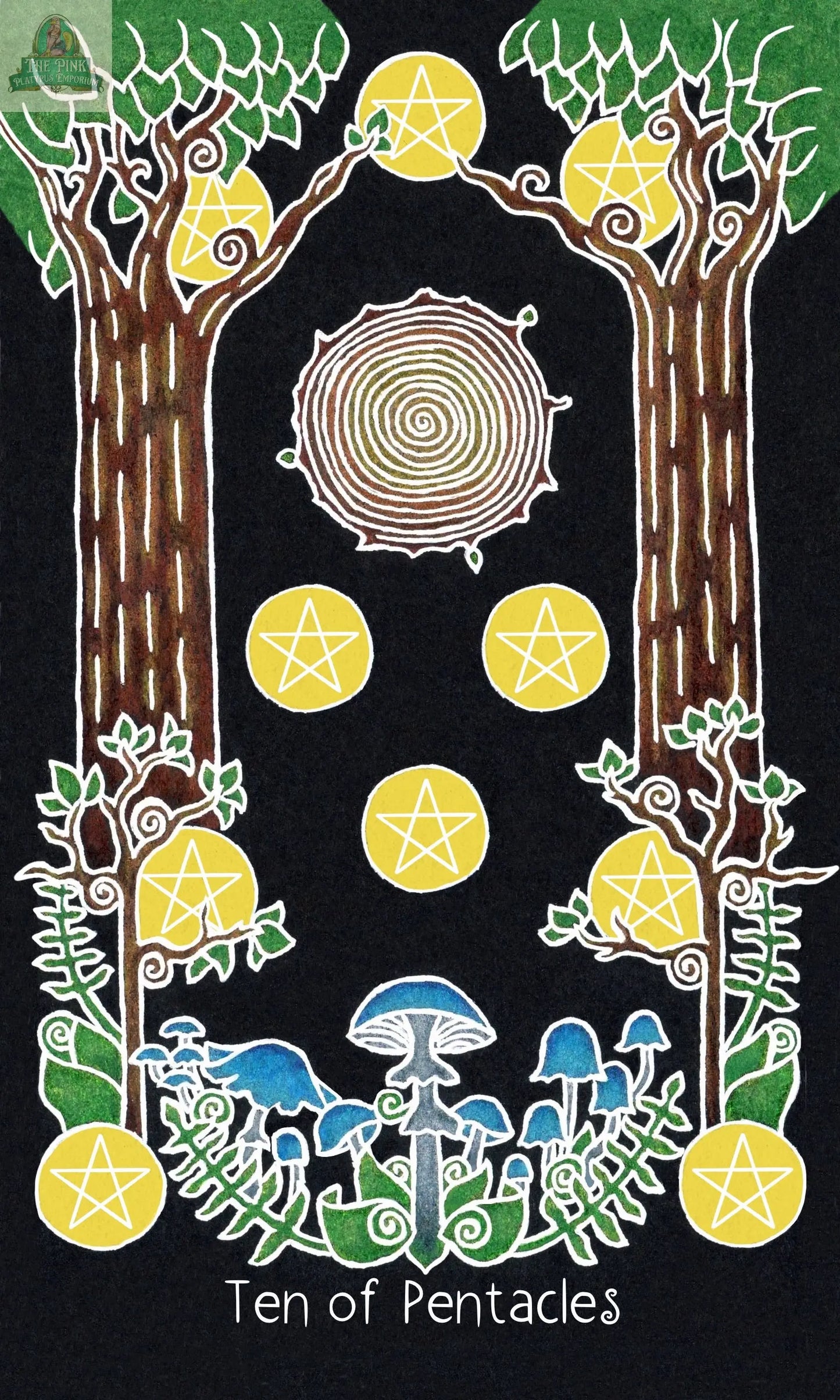 Illustration from REDFeather's The Animystic Tarot Deck Box Set, Ten of Pentacles card—two large trees, swirling sun, ten yellow pentacles with star symbols, blue mushrooms, white vines on black. Card title at the bottom.