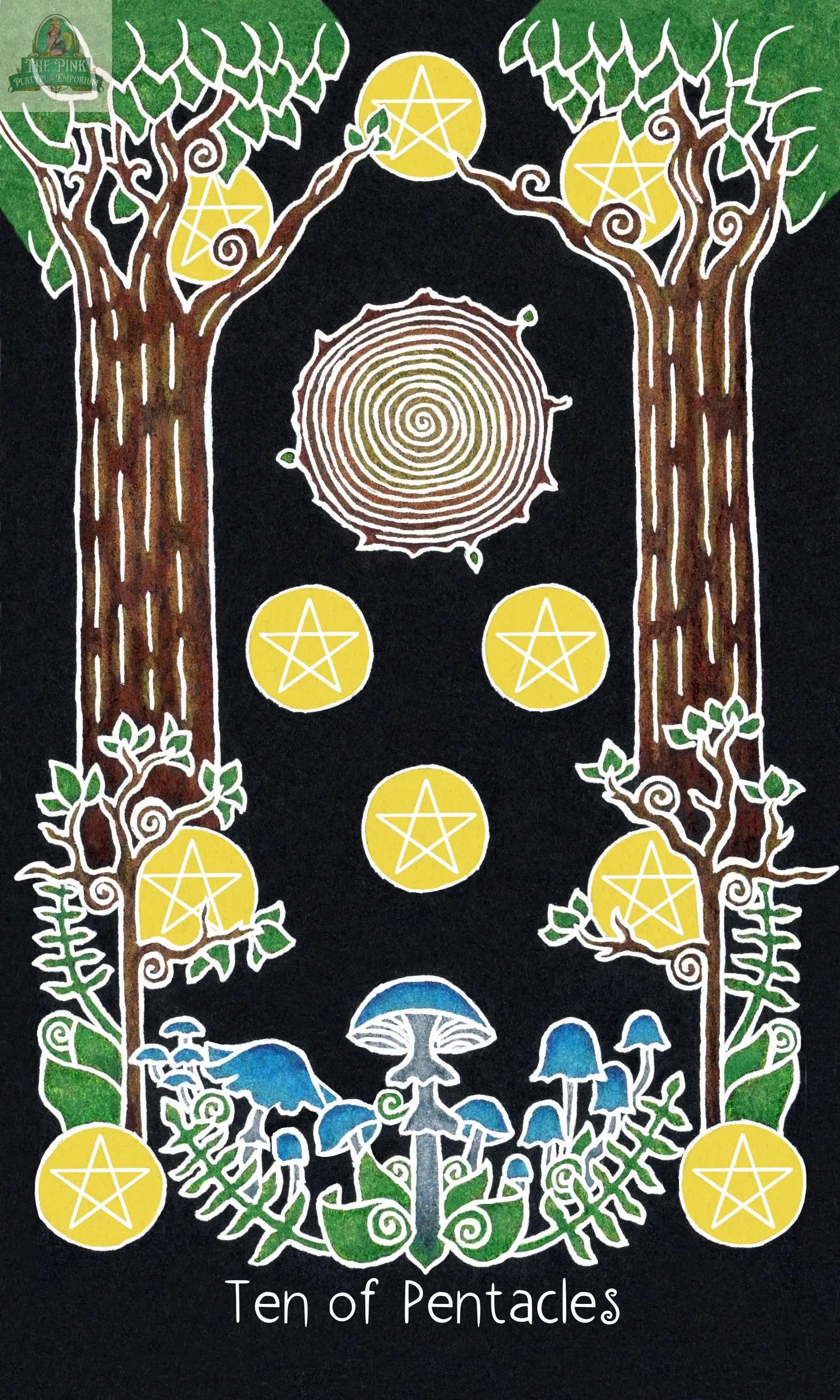 Illustration from REDFeather's The Animystic Tarot Deck Box Set, Ten of Pentacles card—two large trees, swirling sun, ten yellow pentacles with star symbols, blue mushrooms, white vines on black. Card title at the bottom.
