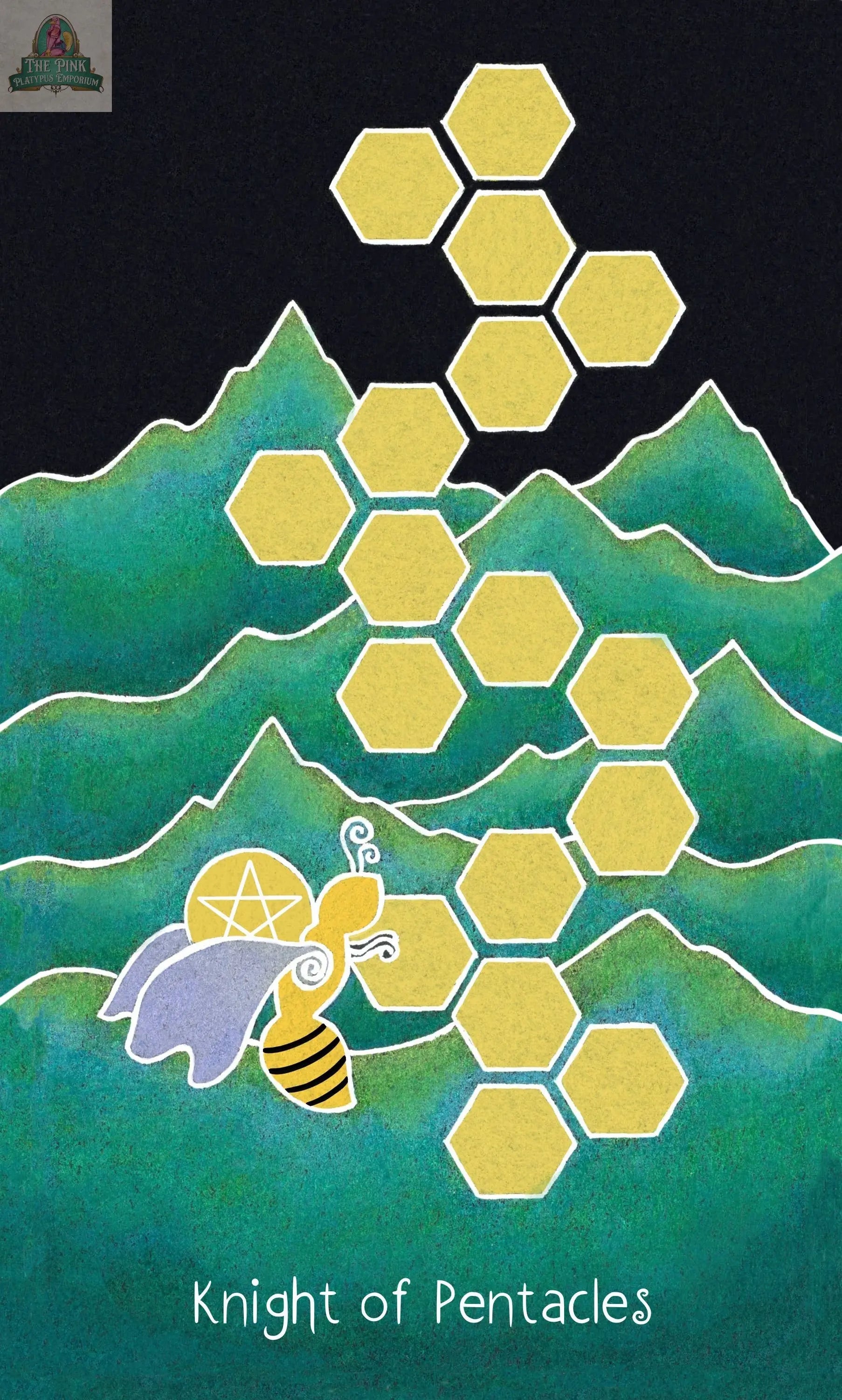 A bee marked with a pentacle soars over green hills and honeycomb under a dark sky on the Knight of Pentacles card from The Animystic Tarot Deck Box Set by REDFeather.