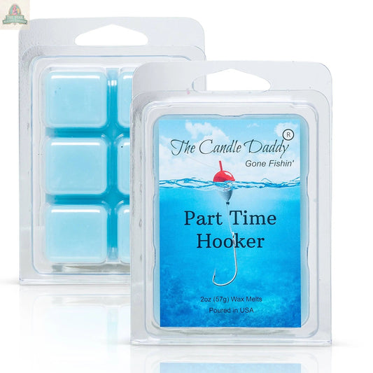 Two packs of The Candle Daddy's Gone Fishin' - Part Time Hooker - Water's scented wax melts. Each features a fishing hook and bobber in water, ideal for aromatherapy and keeping your space fresh.