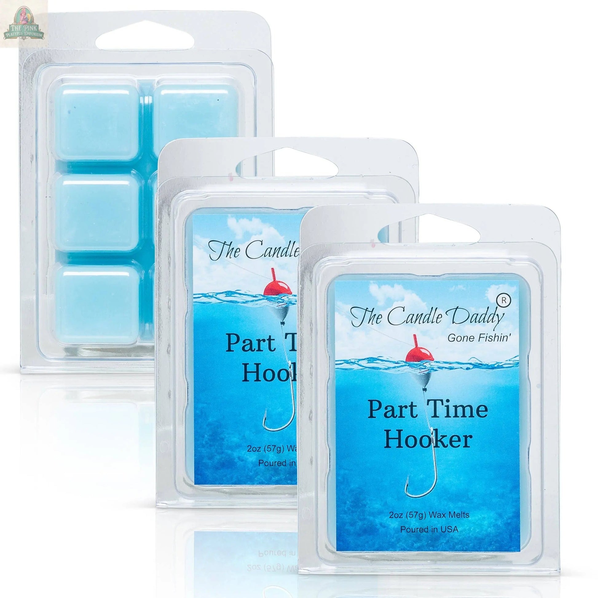 Three packs of The Candle Daddy's Gone Fishin' - Part Time Hooker - Water's blue scented wax cubes, featuring fishing hook and bobber designs. One open pack reveals six wax melts, perfect for aromatherapy.