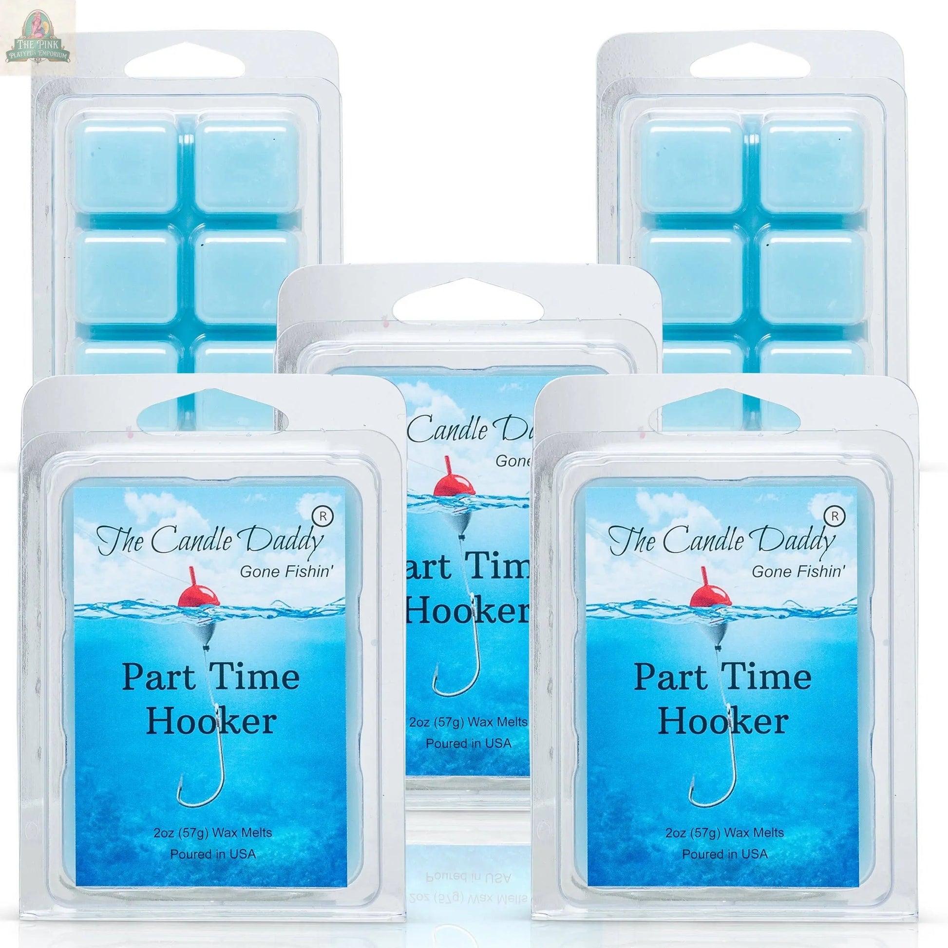 Five packs of The Candle Daddy's Gone Fishin’ - Part Time Hooker - Water's blue scented wax cubes are displayed against a white background, with water and hook-themed packaging ideal for aromatherapy and fishing fans.