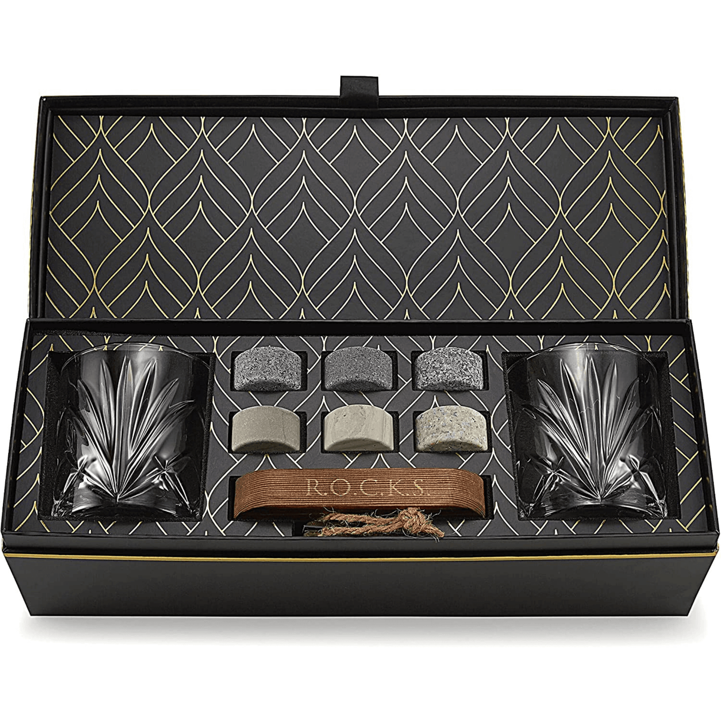 The Connoisseur's Set - Palm Whiskey Glass Edition includes two crystal whiskey glasses, six whiskey stones, metal tongs, and a burlap bag, all beautifully presented in a sleek black and gold-patterned box.