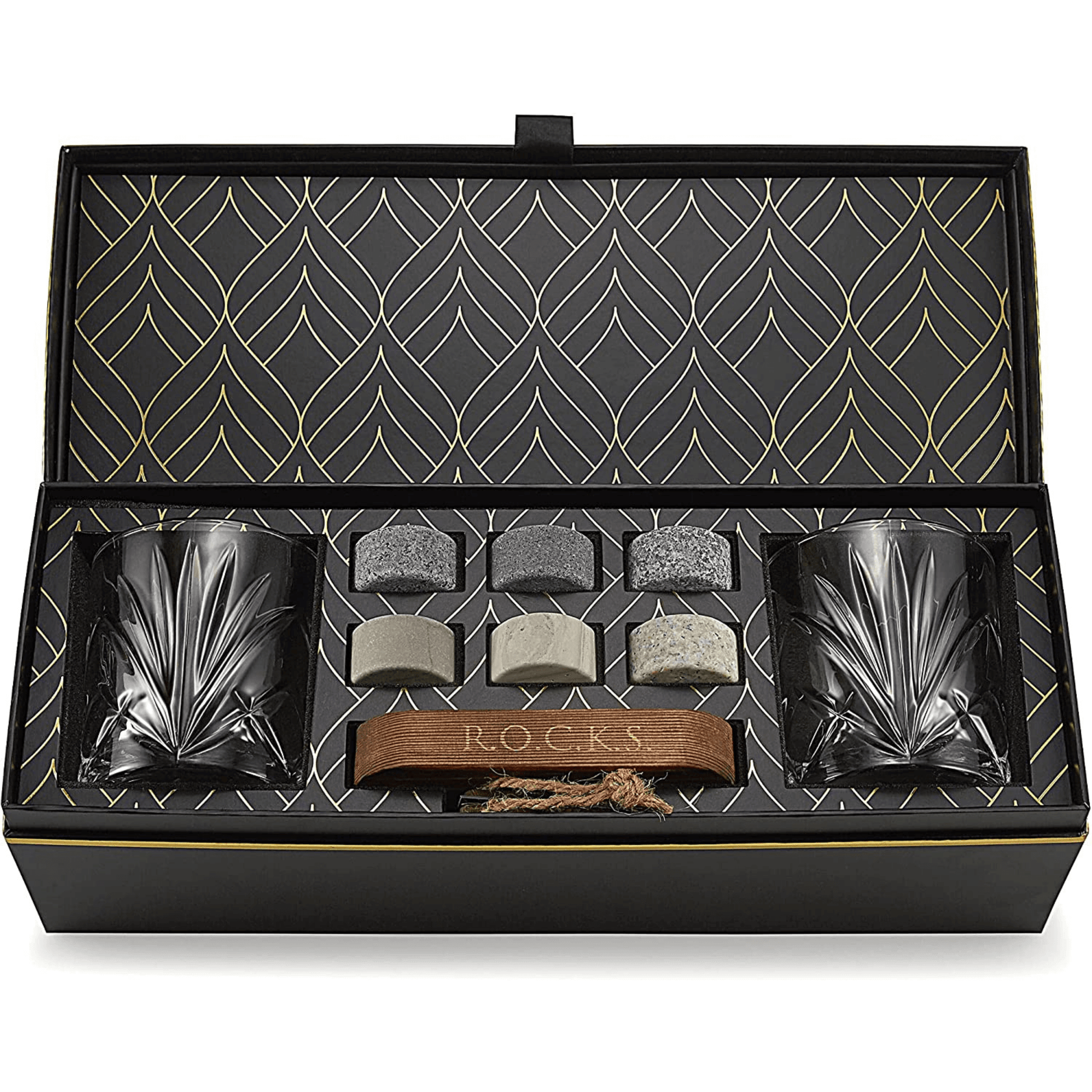 The Connoisseur's Set - Palm Whiskey Glass Edition includes two crystal whiskey glasses, six whiskey stones, metal tongs, and a burlap bag, all beautifully presented in a sleek black and gold-patterned box.