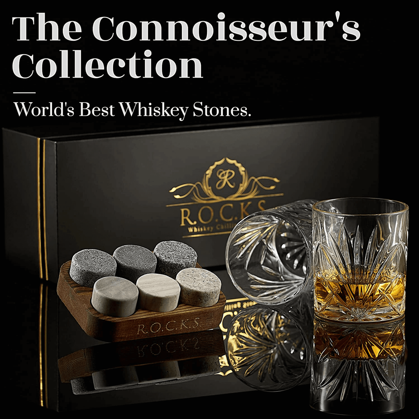 A set of whiskey stones in a wooden tray, a crystal Palm whiskey glass with whiskey, and a black gift box labeled R.O.C.K.S. are shown. Text reads: The Connoisseur's Set - Palm Whiskey Glass Edition—an ideal gift for whiskey lovers.