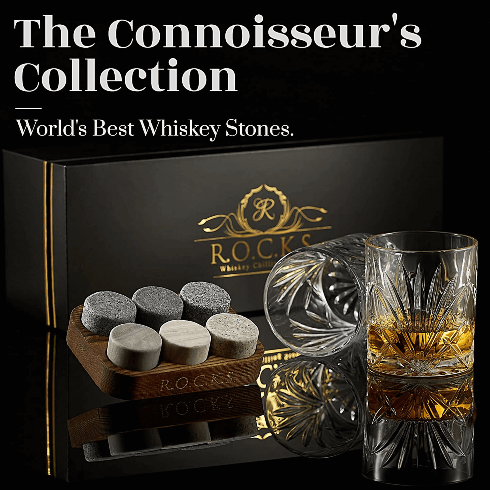 A set of whiskey stones in a wooden tray, a crystal Palm whiskey glass with whiskey, and a black gift box labeled R.O.C.K.S. are shown. Text reads: The Connoisseur's Set - Palm Whiskey Glass Edition—an ideal gift for whiskey lovers.