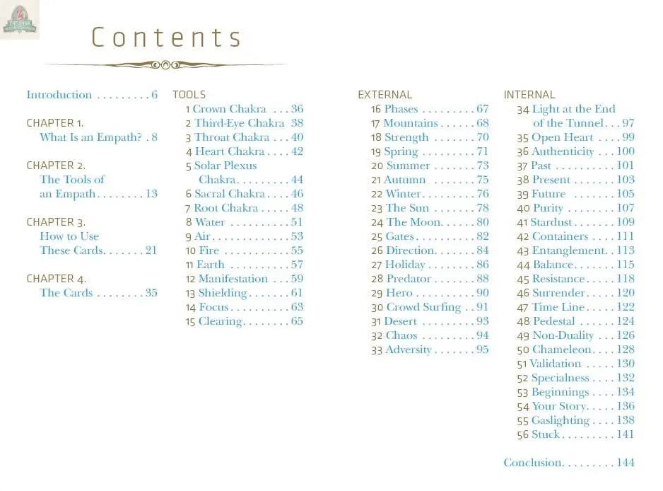 The Empathic Oracle by REDFeather features a detailed table of contents with sections on empaths, tools, tarot cards, chakras, managing empathic experiences, and unique Empathic Oracle insights—all with page numbers for quick reference.