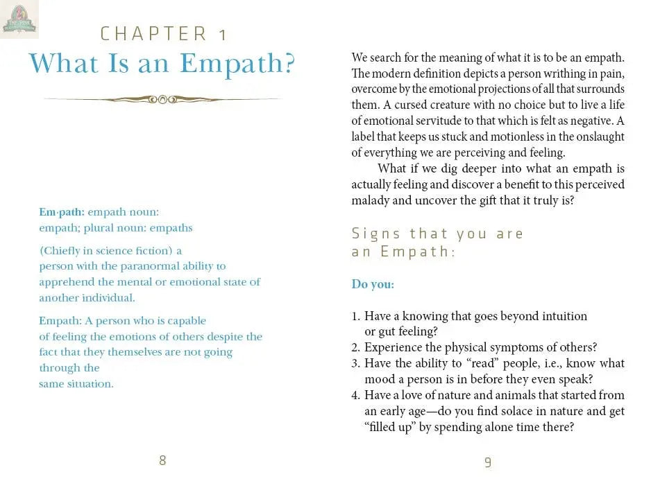 An open book from REDFeather’s The Empathic Oracle reveals Chapter 1, "What Is an Empath?"—including definitions, signs of being an empath, discussion questions, and calming tips—all set on a soft, light background.