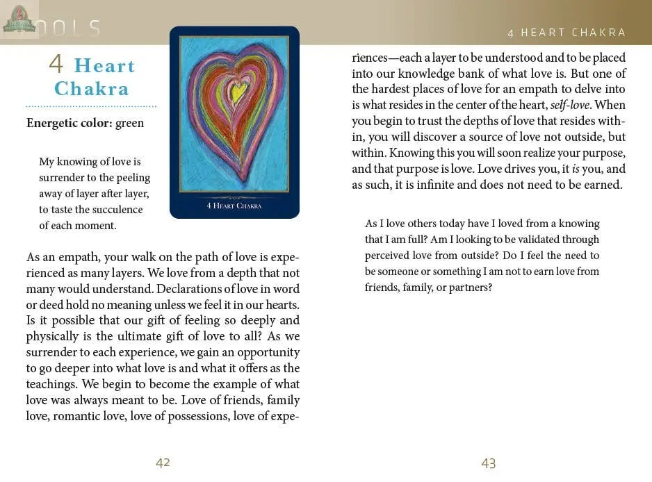 Pages 42-43 of The Empathic Oracle by REDFeather explore the 4th (Heart) Chakra with a green heart image, insights on empathy, self-love, relationships, guidance for empaths, and a poetic quote about giving and receiving love.