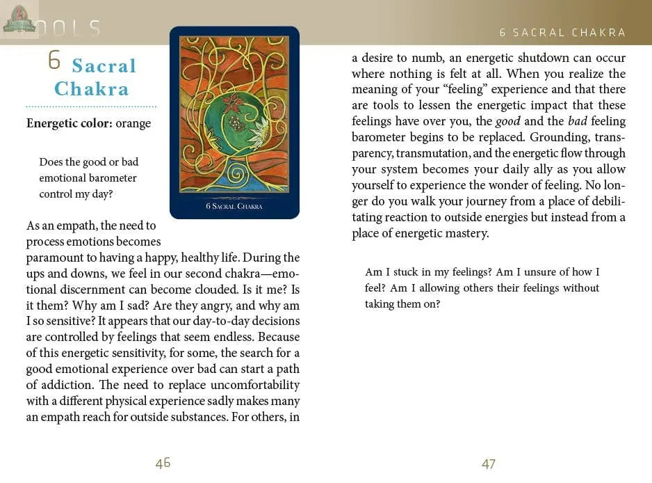 A book spread about the Sacral Chakra (6th chakra), colored orange, explores its influence on emotions and energy, recommending The Empathic Oracle by REDFeather to help understand and balance feelings for better well-being.