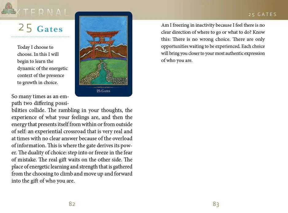A book spread from "The Empathic Oracle" by REDFeather shows pages 82-83: Page 82 features guidance on presence, an image of a gate, and the heading "25 Gates." Page 83 offers reflections on uncertainty and choice inspired by oracle wisdom.