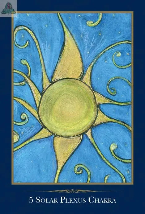 A stylized yellow sun with swirling rays and green spirals on blue, framed in dark blue. "5 Solar Plexus Chakra" appears at the bottom—perfect for managing empathic experiences with The Empathic Oracle by REDFeather.