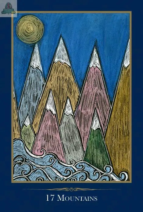 This gold-framed card from REDFeather’s The Empathic Oracle features seven colorful, snow-capped mountains with a blue sky, sun, and waves. Designed to support empathic experiences and personal insight.