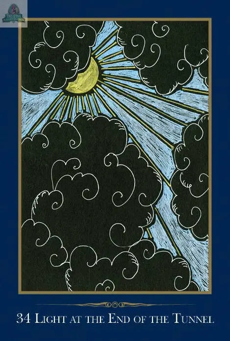 Drawing of the sun shining through swirling black clouds, with bright rays in a dark sky. Features a blue border and "34 Light at the End of the Tunnel" below. Inspired by The Empathic Oracle from REDFeather to support empathic experiences.