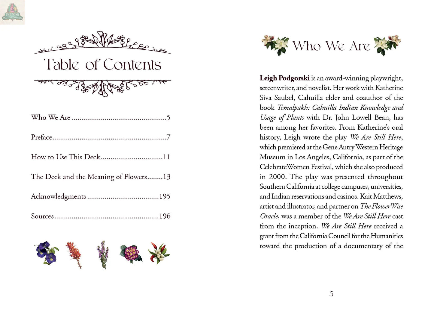 A book spread from The Flowerwise Oracle by REDFeather displays a decorative Table of Contents on the left and a “Who We Are” bio of Leigh Podgorski on the right, both accented with floral art inspired by botanical oracle cards.