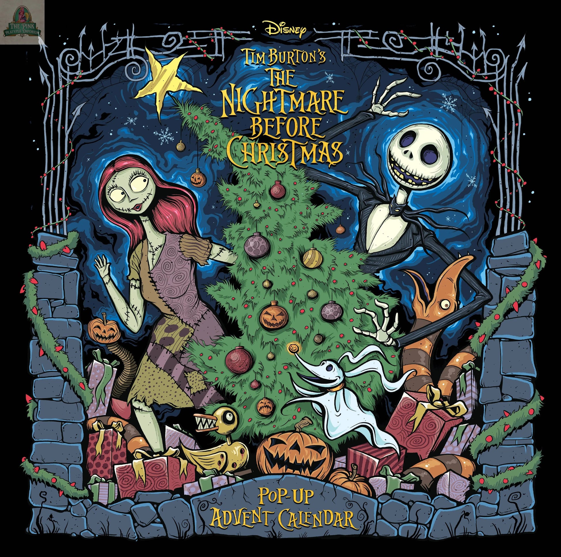 Colorful illustration of Sally, Jack Skellington, and Zero decorating a Christmas tree with Halloween-themed decor. "The Nightmare Before Christmas: Advent Calendar & Pop-Up Book" title appears above and below.