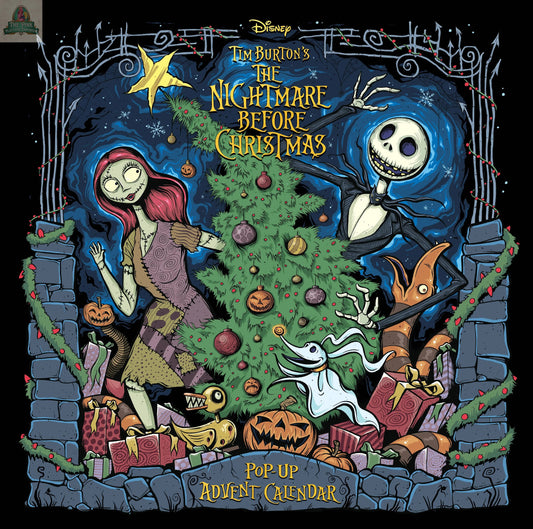 Colorful illustration of Sally, Jack Skellington, and Zero decorating a Christmas tree with Halloween-themed decor. "The Nightmare Before Christmas: Advent Calendar & Pop-Up Book" title appears above and below.