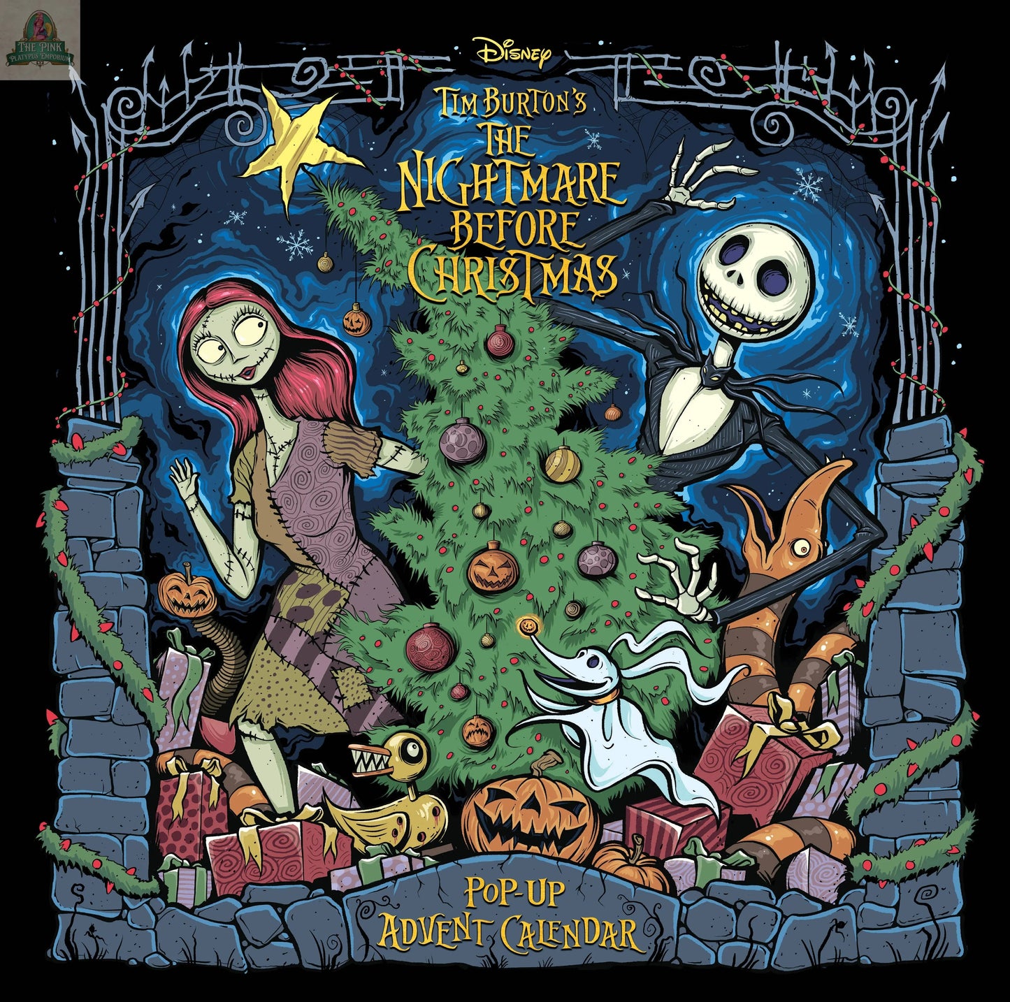 Colorful illustration of Sally, Jack Skellington, and Zero decorating a Christmas tree with Halloween-themed decor. "The Nightmare Before Christmas: Advent Calendar & Pop-Up Book" title appears above and below.