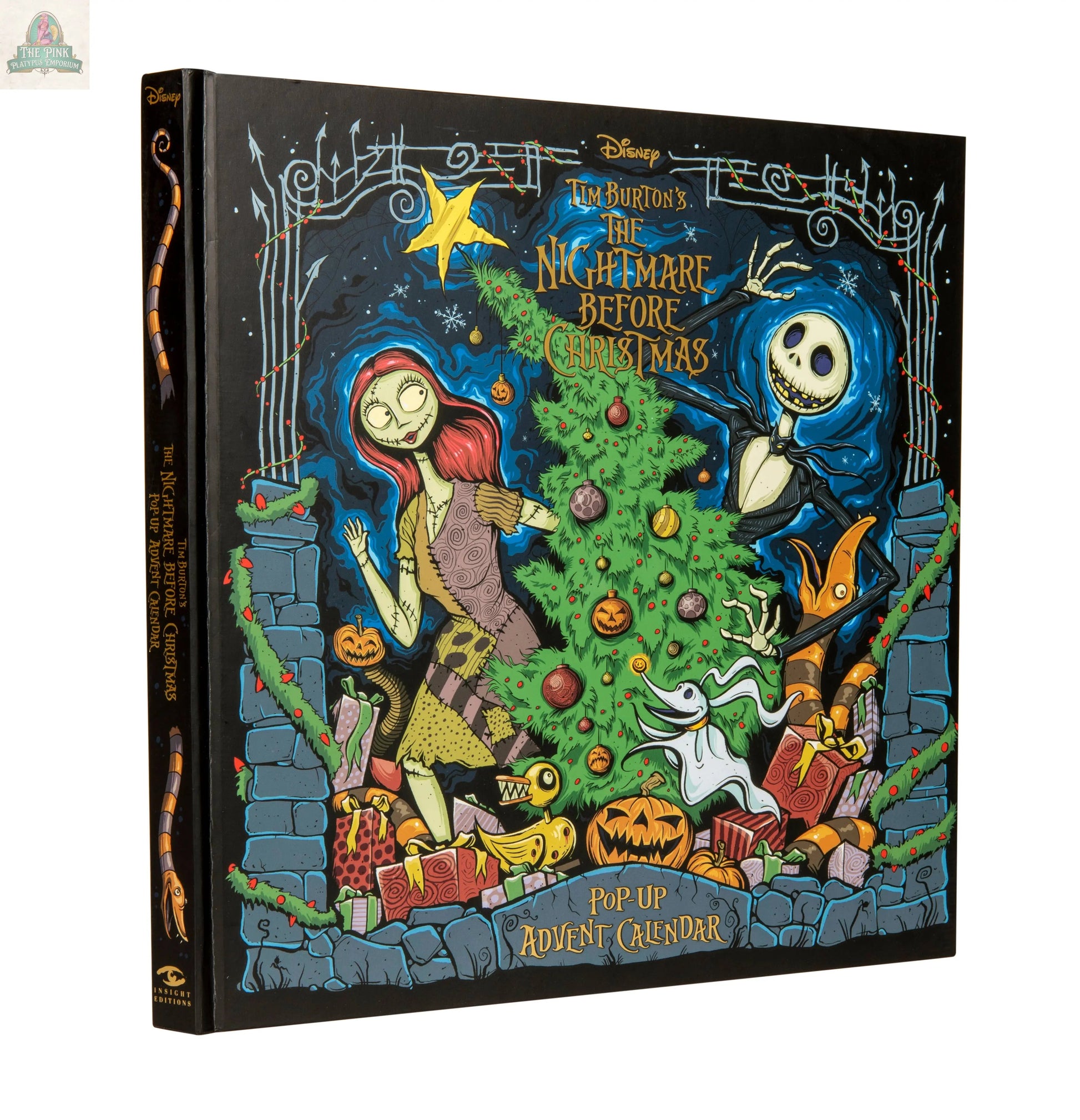 A vibrant cover for The Nightmare Before Christmas: Advent Calendar & Pop-Up Book, showcasing Sally, Jack Skellington, Zero the ghost dog, and festive Halloween-Christmas decorations.