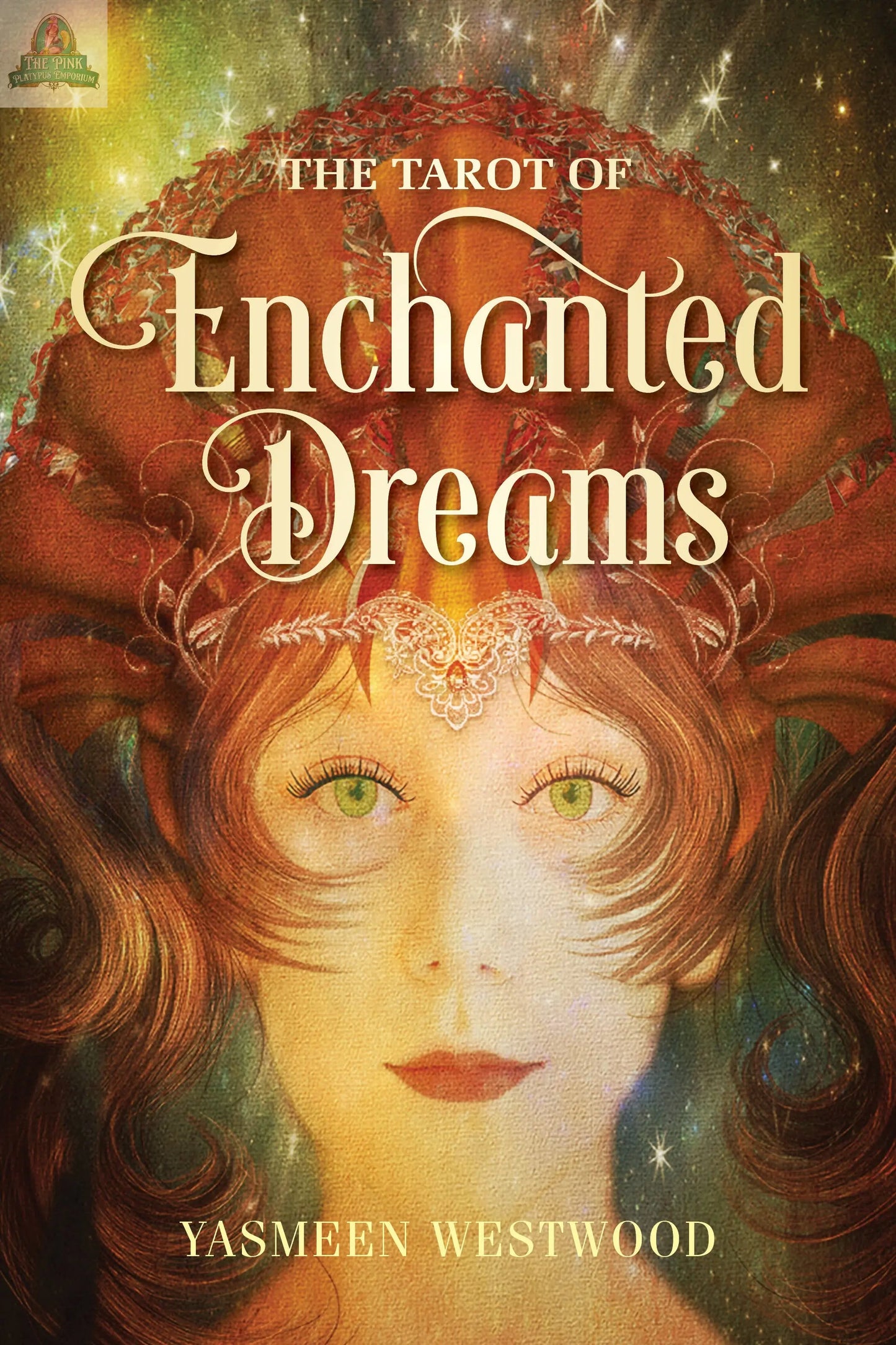 Book cover for The Tarot of Enchanted Dreams by REDFeather, depicting an ethereal woman's face with swirling, ornate hair and a starry background—an enchanting tarot deck designed to inspire personal growth.