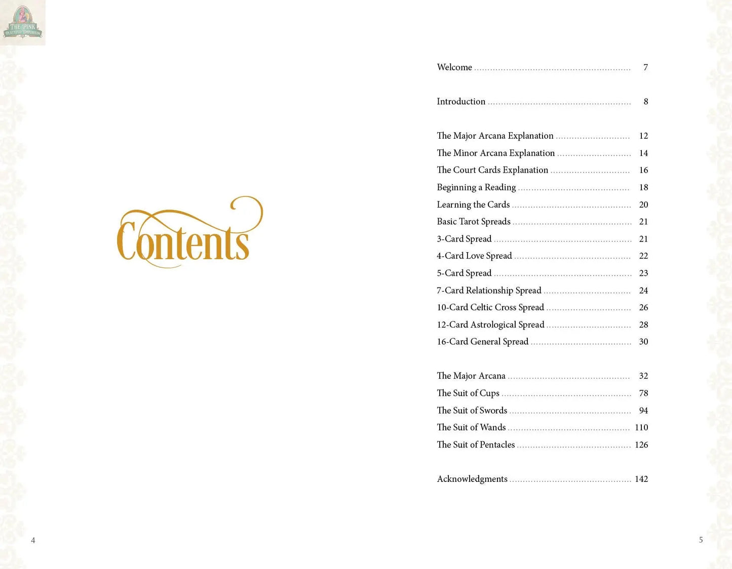 The table of contents for "The Tarot of Enchanted Dreams" by REDFeather highlights "Contents" in yellow and lists Major/Minor Arcana, card spreads, and the suits—Cups, Swords, Wands, Pentacles—to inspire personal growth.