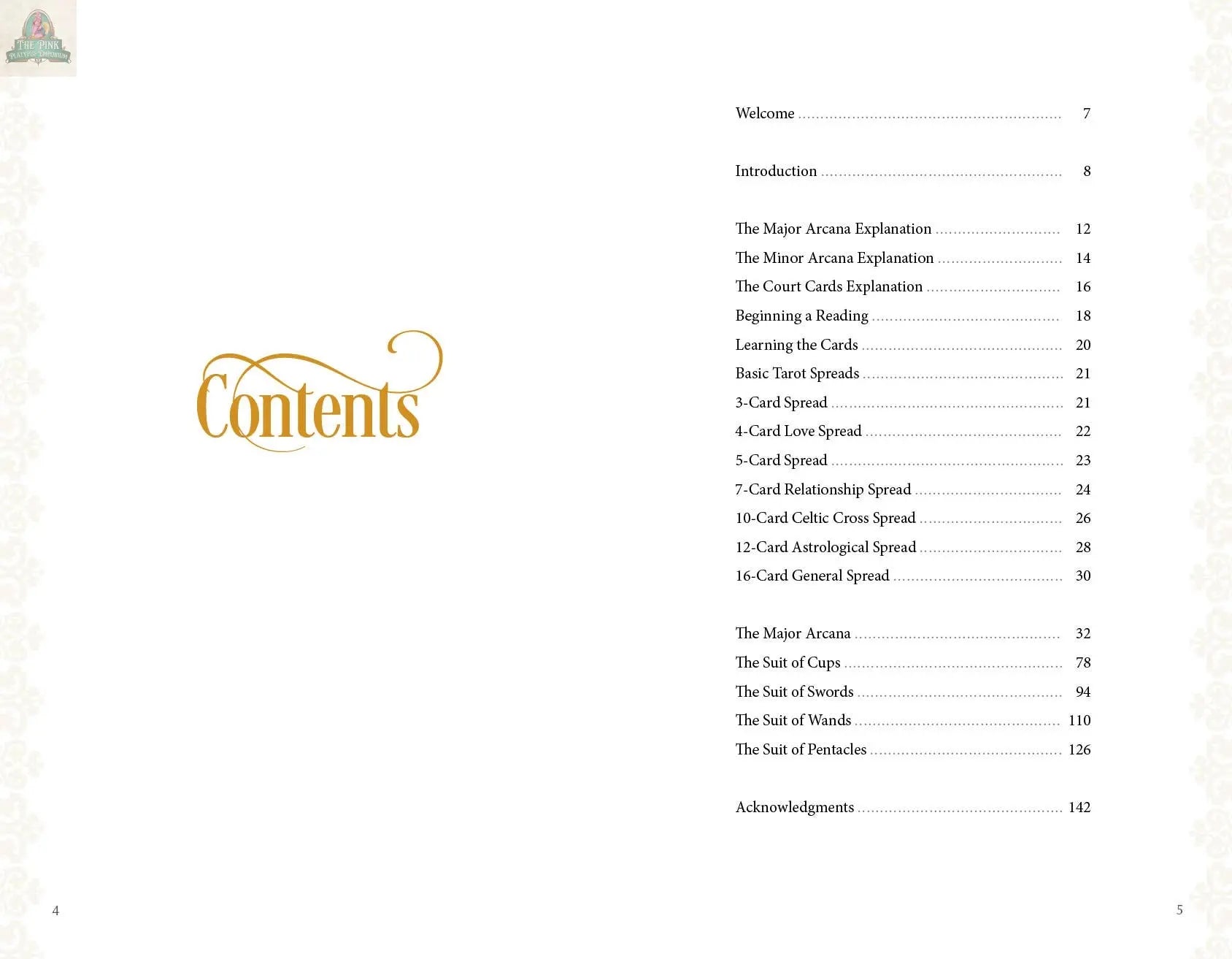 The table of contents for "The Tarot of Enchanted Dreams" by REDFeather highlights "Contents" in yellow and lists Major/Minor Arcana, card spreads, and the suits—Cups, Swords, Wands, Pentacles—to inspire personal growth.