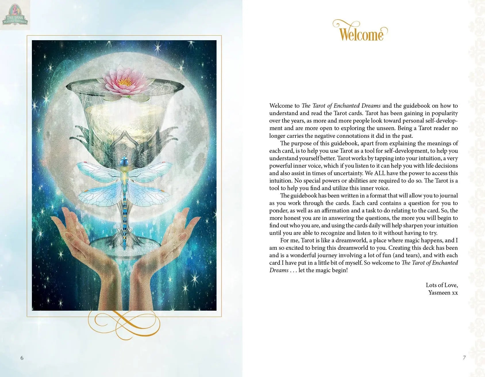 A mystical illustration on The Tarot of Enchanted Dreams by REDFeather shows a glowing chalice, a butterfly at its base, and a dancing woman inside, all surrounded by cosmic stars—inviting personal growth through this enchanting tarot deck.