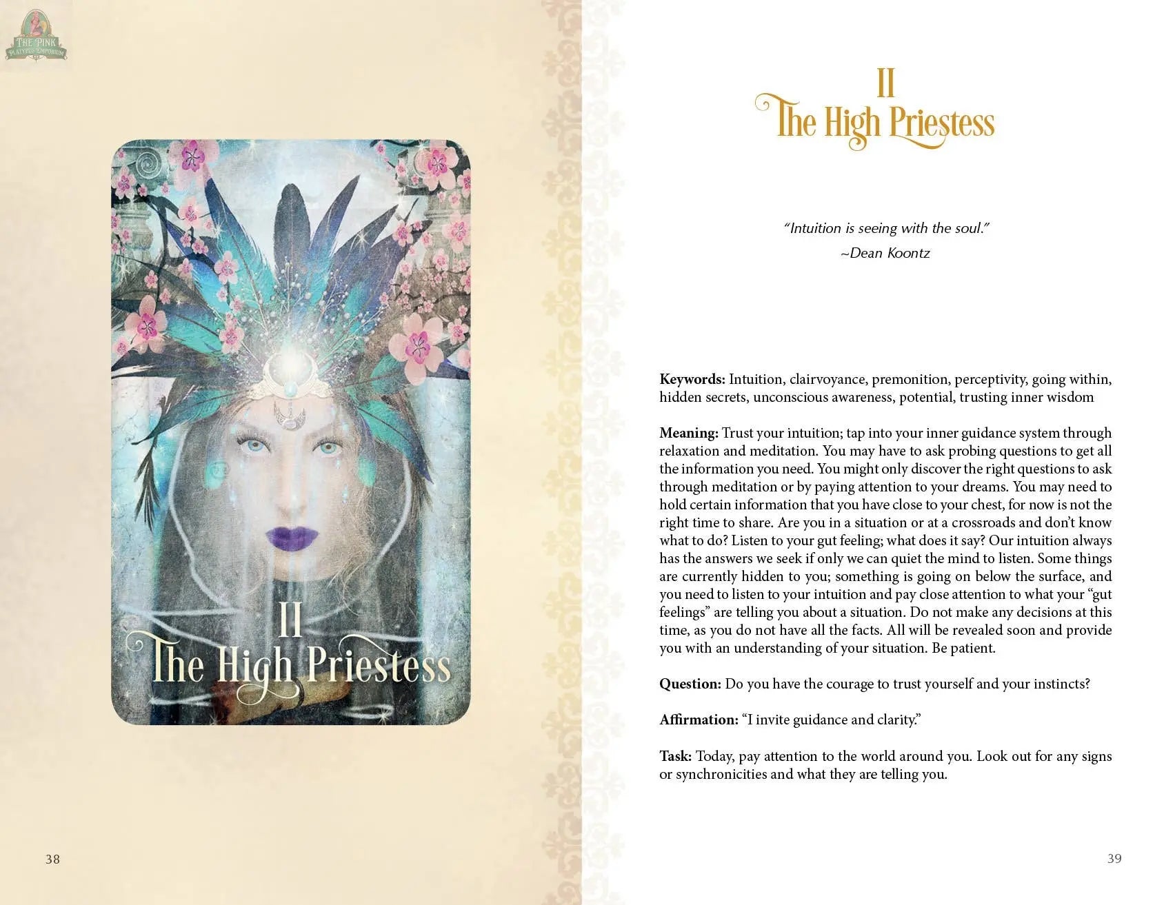 The Tarot of Enchanted Dreams by REDFeather features The High Priestess card, depicting a mystical woman in a jeweled headdress, with the guidebook exploring intuition, guidance, and personal growth inspired by this enchanting deck.