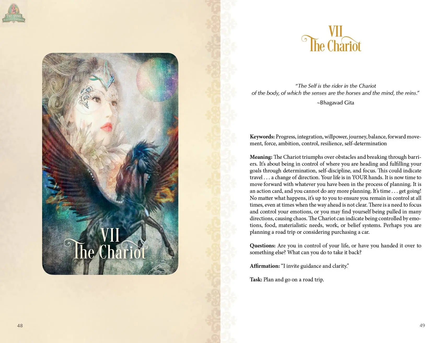 A two-page spread from The Tarot of Enchanted Dreams by REDFeather: VII The Chariot with a determined, feather-helmed figure on the left, and card meanings, guidance, and reflection questions on the right.