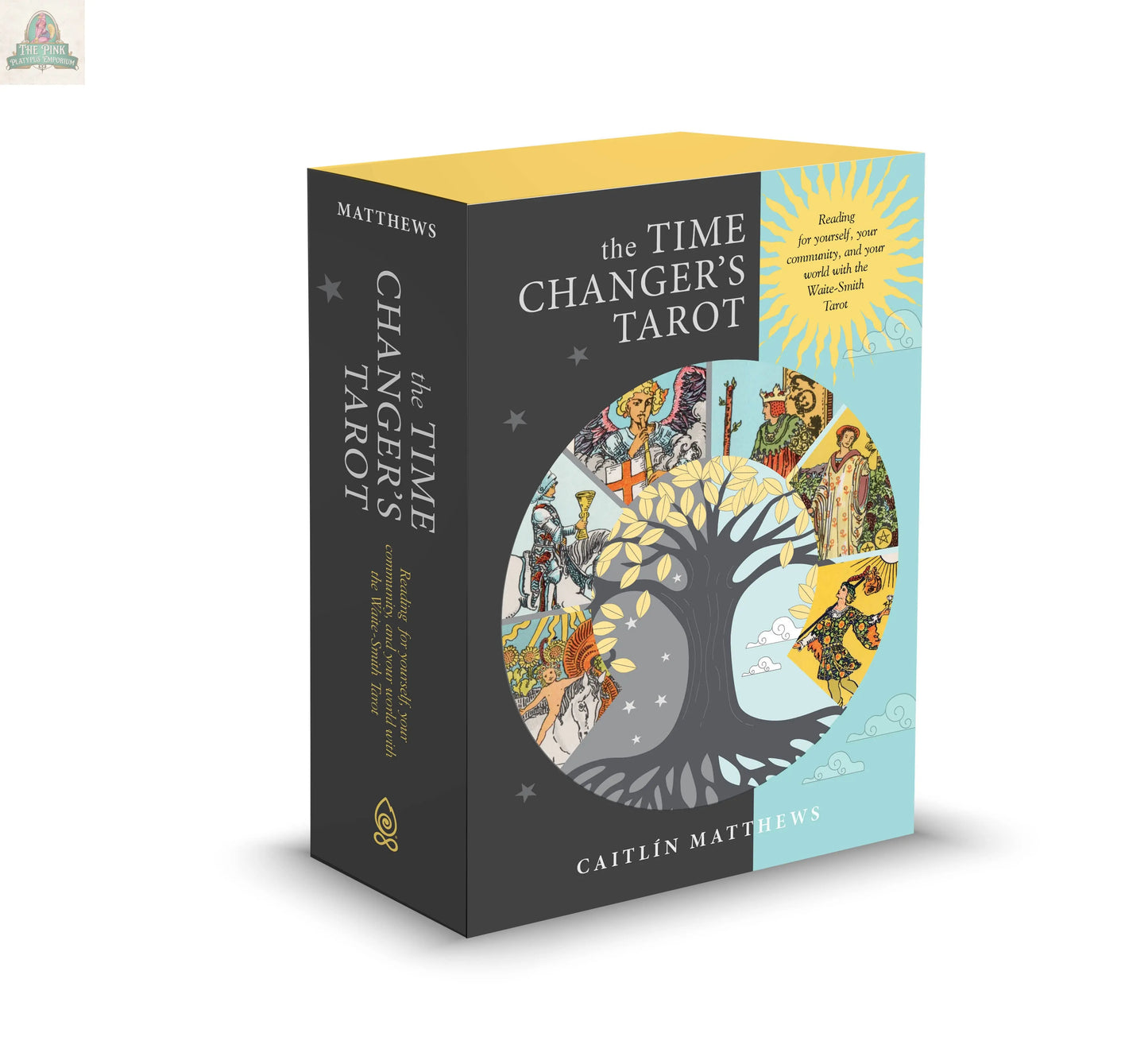 The Time Changer's Tarot boxed set by REDFeather features a stylized tree with day and night motifs, tarot card art, and a yellow sun and stars on blue—drawing inspiration from classic Waite-Smith Tarot designs.