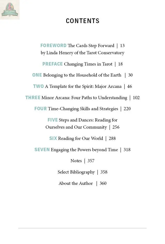 Table of contents page from The Time Changer's Tarot by REDFeather lists Foreword, Preface, and seven chapters covering tarot history, Waite-Smith Tarot meanings, major/minor arcana, and reading tips—with page numbers.