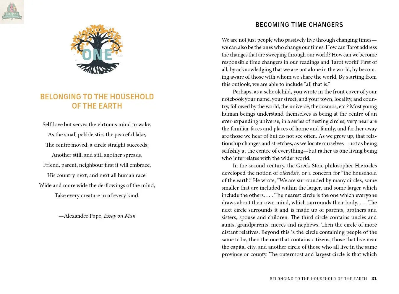 An open copy of REDFeather's The Time Changer's Tarot reveals a chapter, "BECOMING TIME CHANGERS," with an Alexander Pope quote and a globe encircled by leaves. The pages explore self-belonging and mindful change.