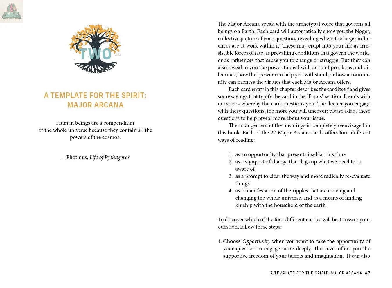 A two-page spread from REDFeather's "The Time Changer’s Tarot" features “A Template for the Spirit: Major Arcana”—a Pythagoras quote and ornate number two on the left, and Waite-Smith-inspired prompts explaining the Major Arcana on the right.