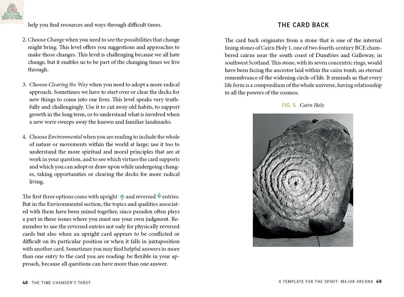 A page from The Time Changer's Tarot by REDFeather features tarot instructions and a section, "The Card Back," detailing the cards’ history, plus a small color Celtic cross image in the lower right corner.